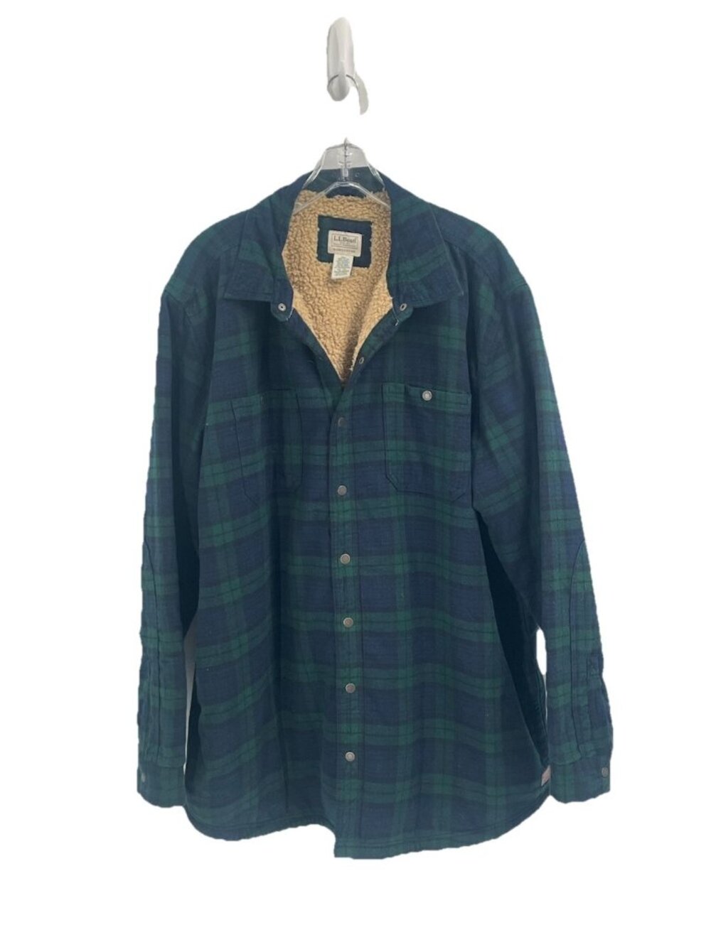 LL Bean Sherpa Lined Green Flannel Blackwatch Plaid Jacket XXL Tall Snap Front